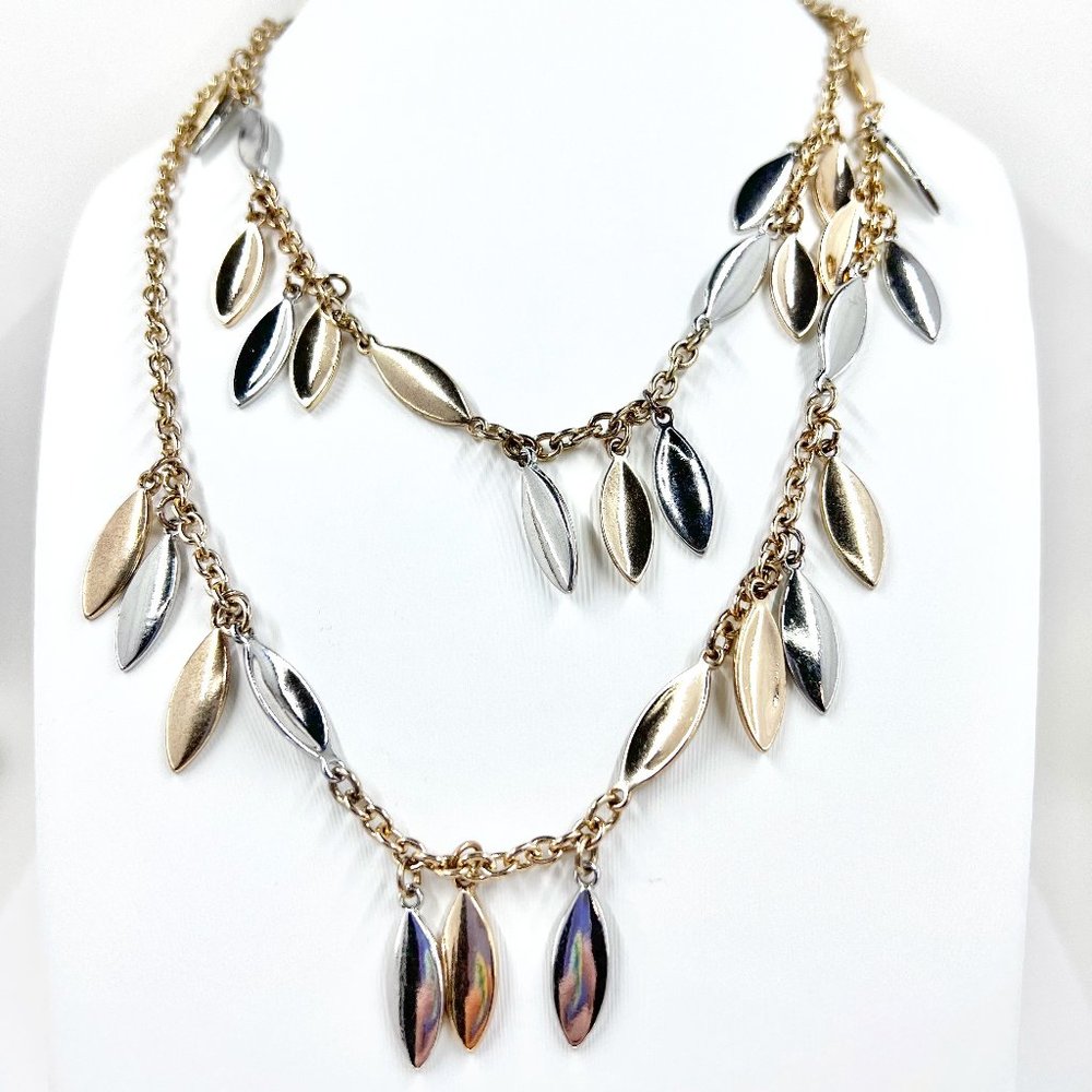Charming Charlie - Two Toned Gold & Silver Leaf Drop 34” Single Chain Necklace